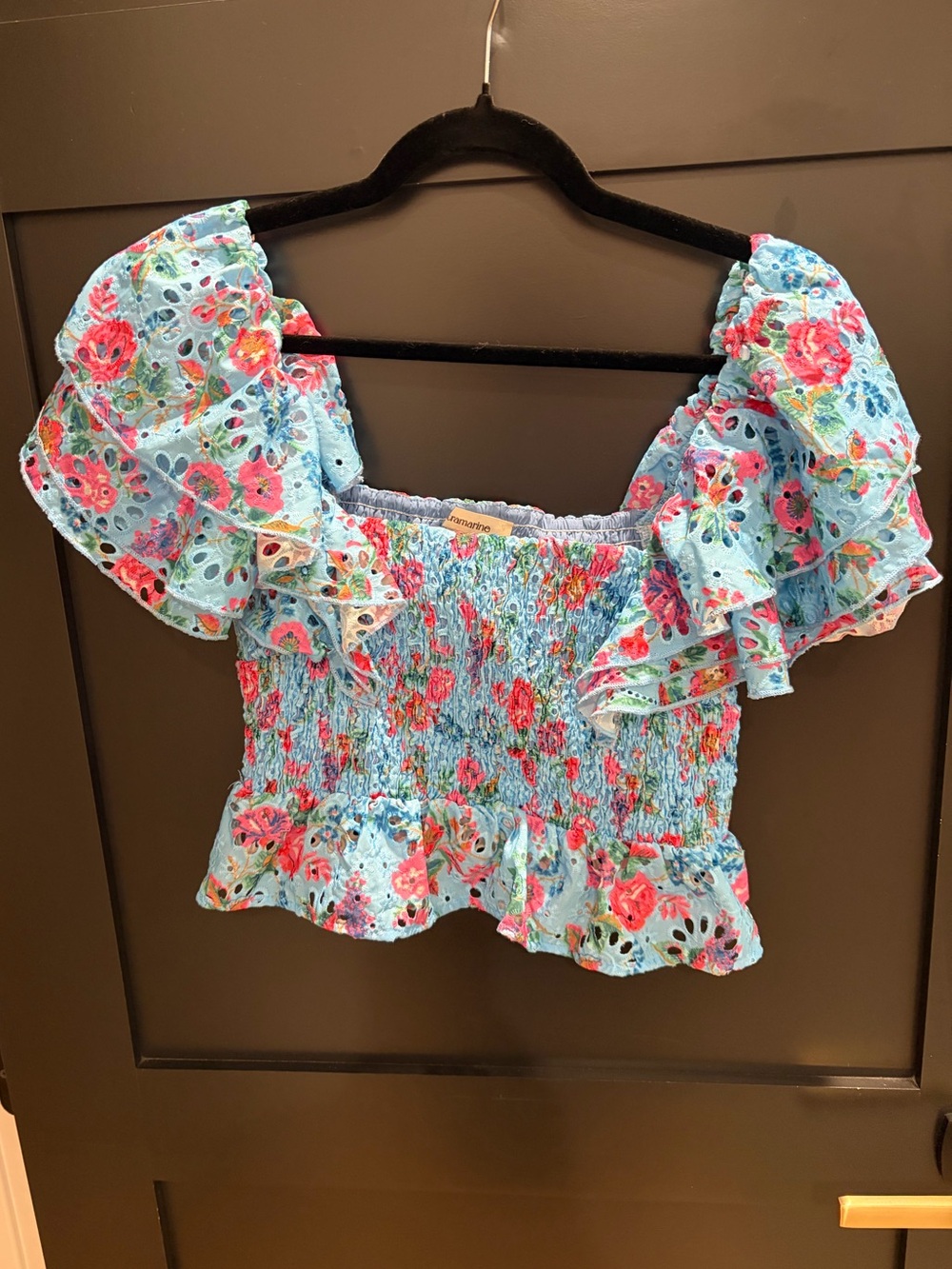 Smocked Floral Crop Top - Blue Pink